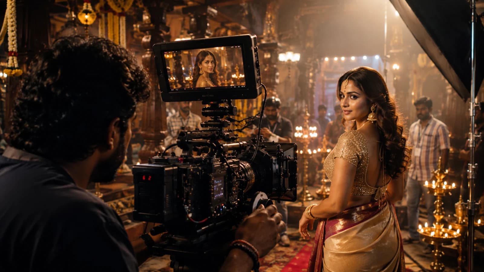 A film camera on a South Indian production set represents Netflix’s expanded Tamil, Telugu and Malayalam film slate.