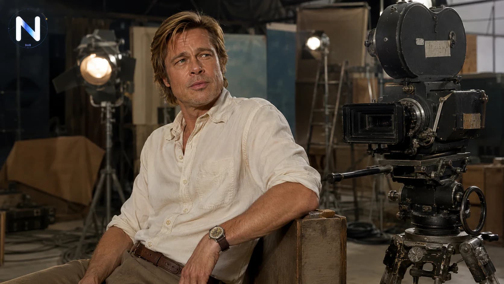 Brad Pitt as Cliff Booth stands on a 1977 Los Angeles soundstage for David Fincher’s newly titled Netflix sequel.