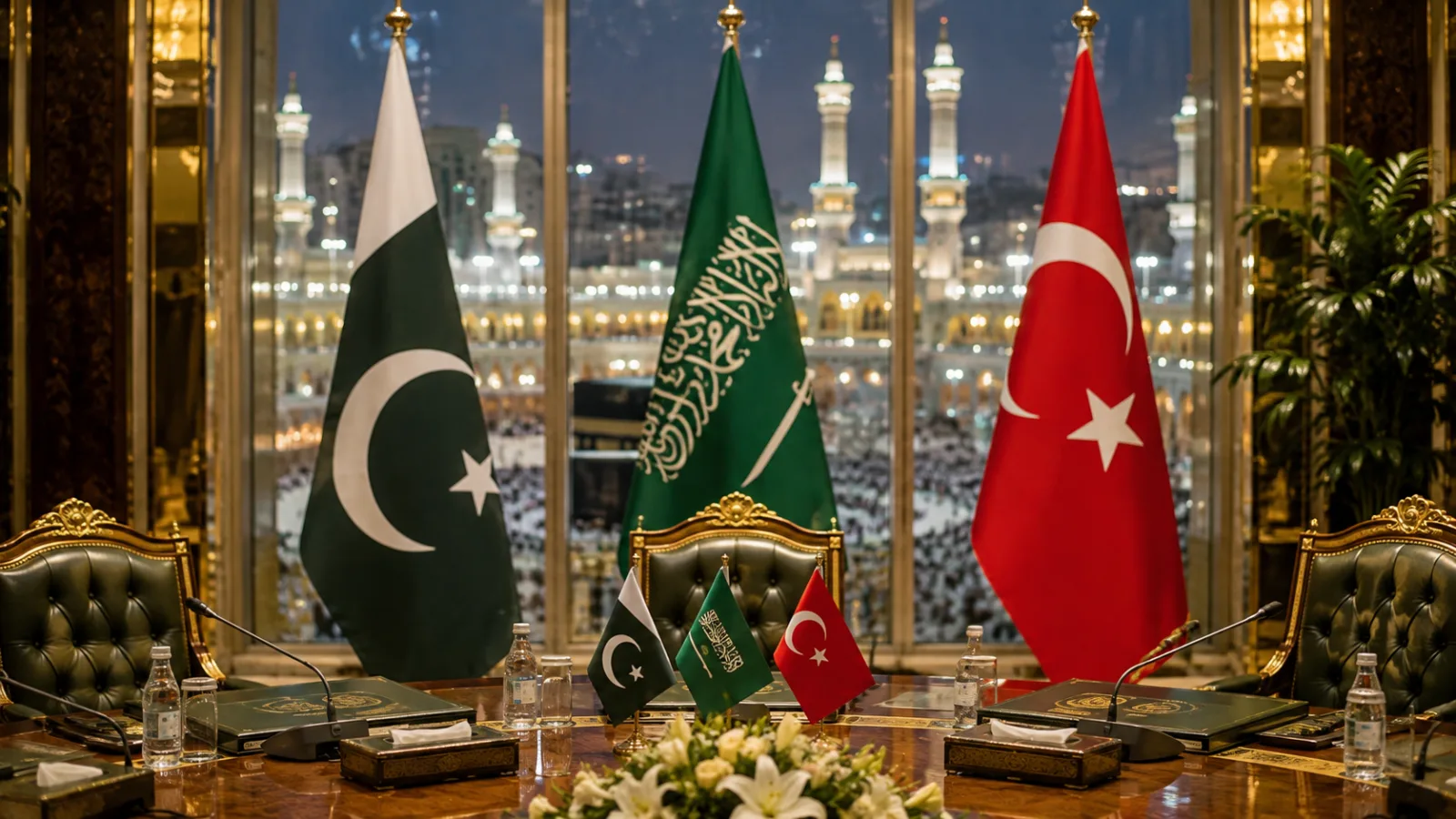Pakistan, Saudi Arabia and Turkey flags displayed in a diplomatic summit setting linked to their August 2026 defence memorandum.