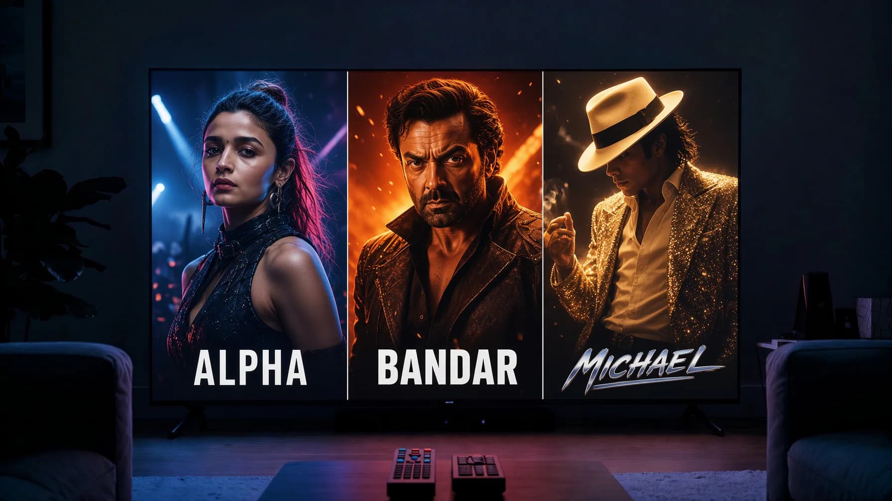 A premium home streaming setup represents the Indian OTT weekend led by Alpha, Bandar and Michael.