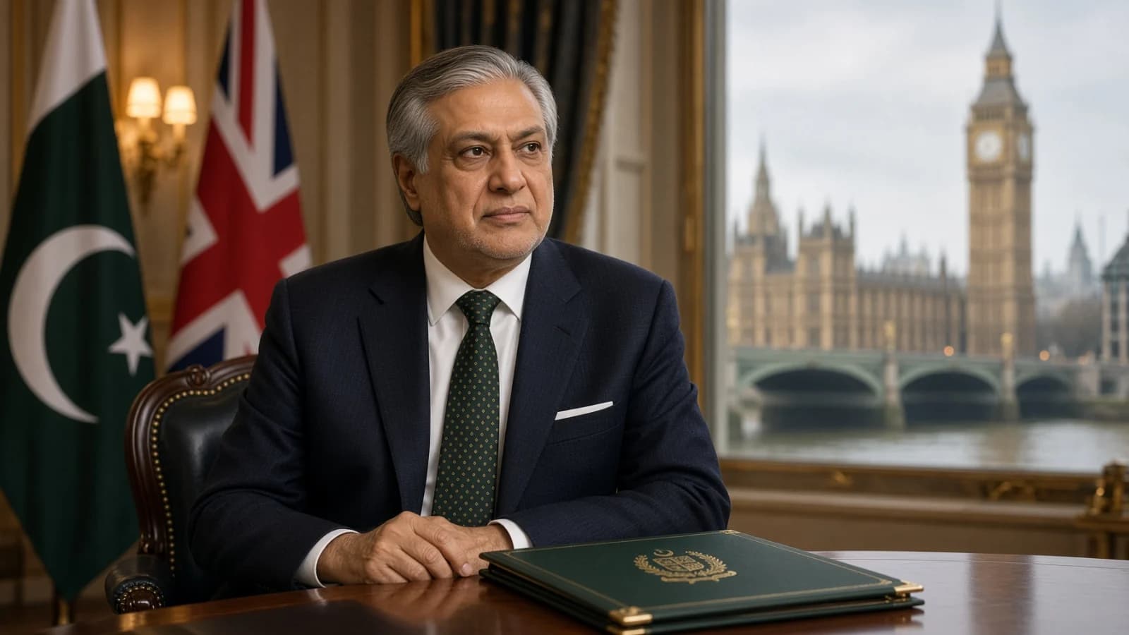 Ishaq Dar portrayed in a diplomatic setting with Westminster in the background ahead of his August 2026 United Kingdom visit.