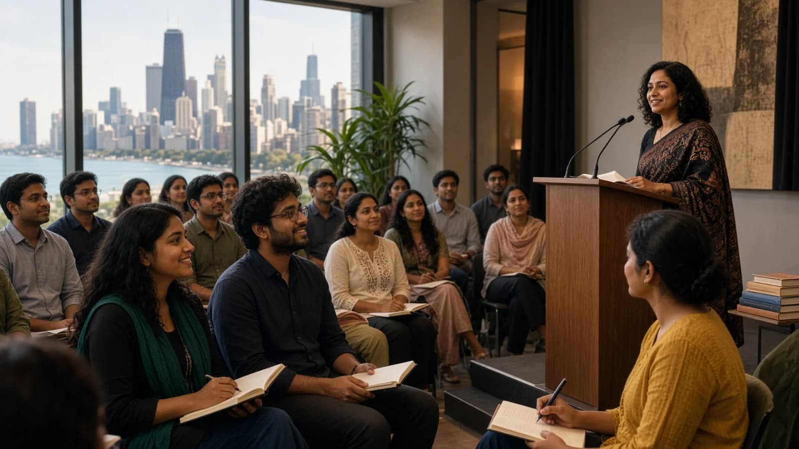 South Asian writers and readers gather at a Chicago literary event with the city skyline visible beyond the cultural venue.