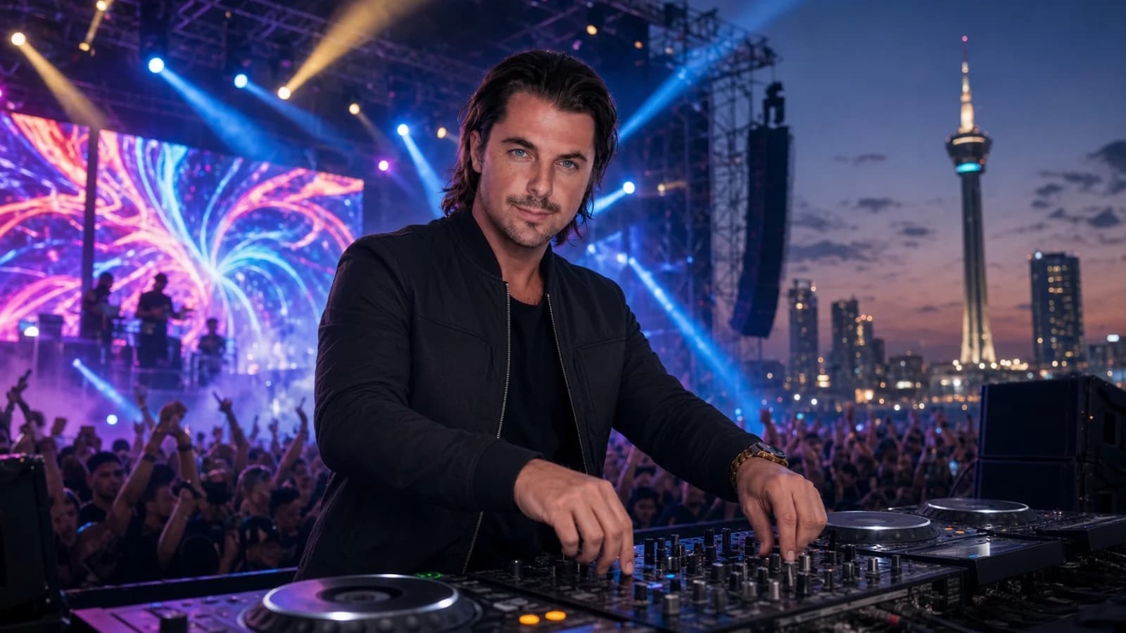 Swedish DJ Axwell performing in a cinematic Karachi concert environment representing the First Light electronic-music event.