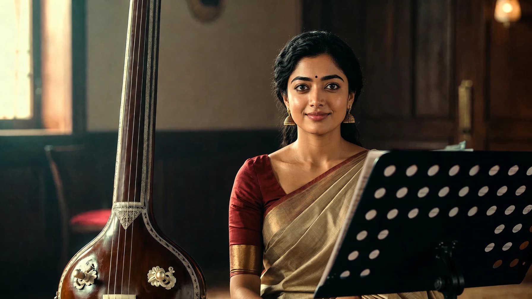 Rashmika Mandanna appears in a classical music room amid reports she may portray M.S. Subbulakshmi in a biopic.