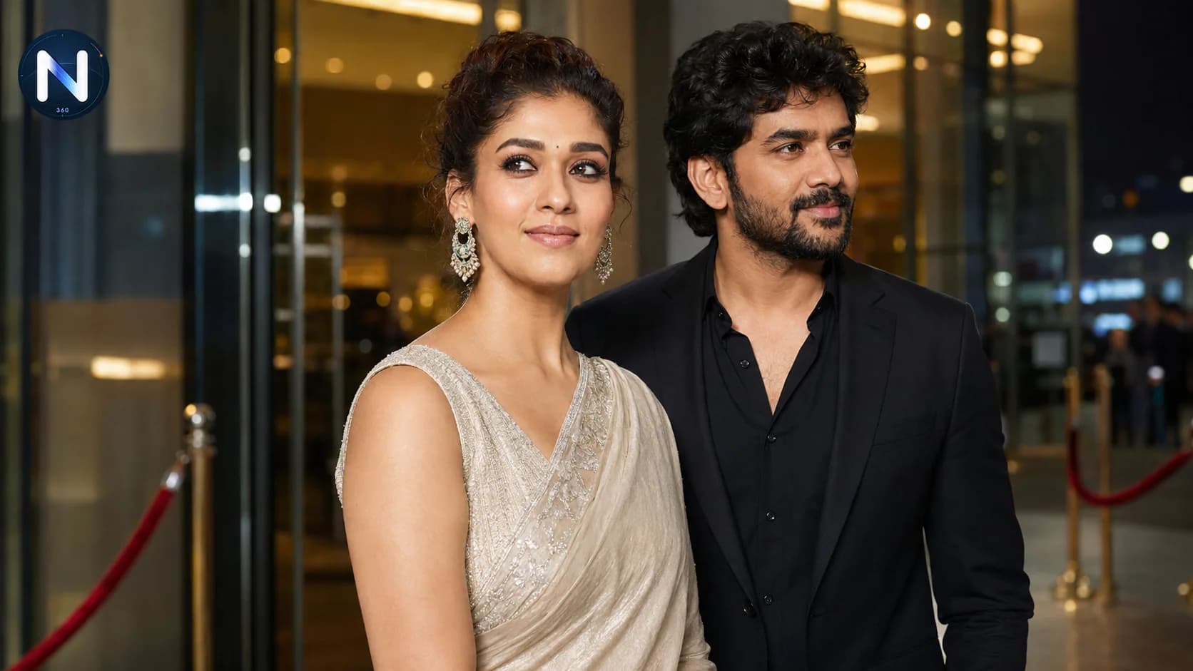 Nayanthara and Kavin pose at a Chennai cinema premiere marking the theatrical release of their Tamil film Hi.