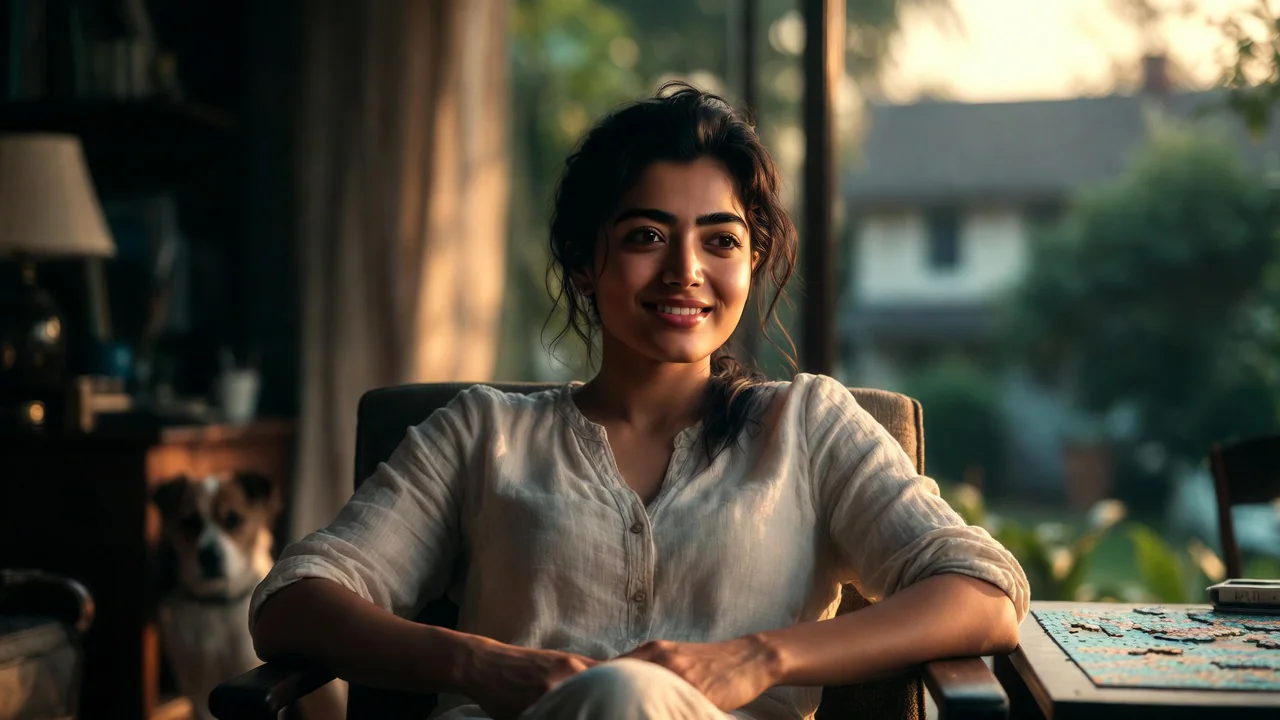 Rashmika Mandanna in a calm garden portrait with her dog and a puzzle, reflecting her recovery break before returning to work.