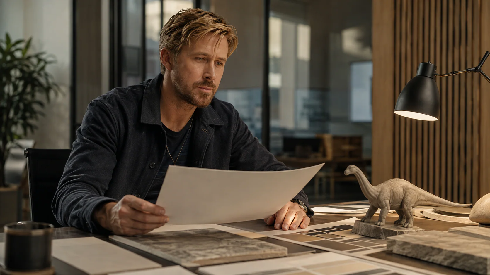 Ryan Gosling portrayed as a producer reviewing early live-action Flintstones development materials in a Warner Bros.-style studio office.