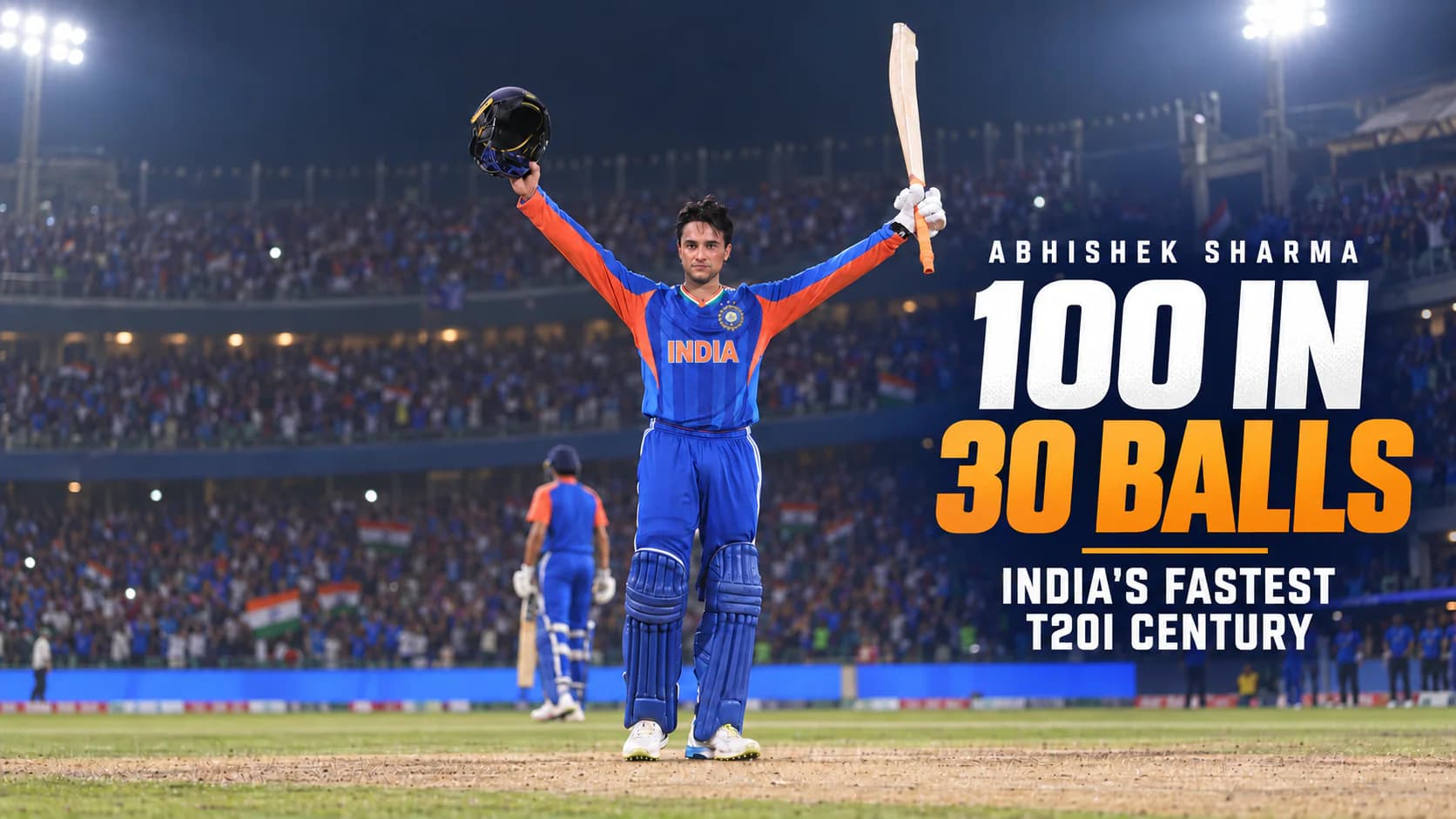 Abhishek Sharma celebrates his 30-ball T20I century during India’s series-clinching win over Afghanistan in Delhi.