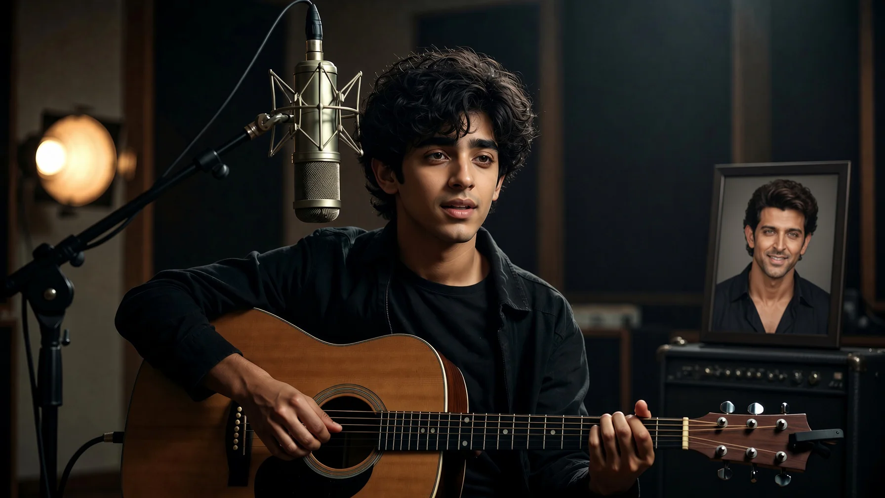 Hrehaan Roshan performs with an acoustic guitar in an editorial visual for his debut single This Heavenly Place.