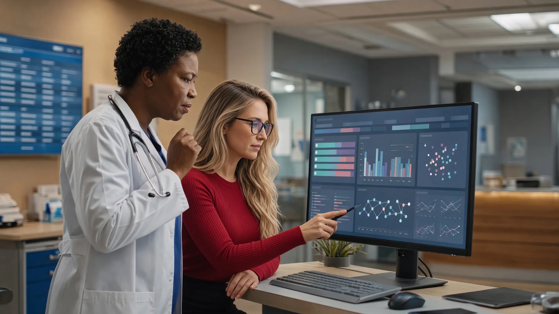A clinician and data scientist review an interpretable machine-learning health screening system in a medical clinic.