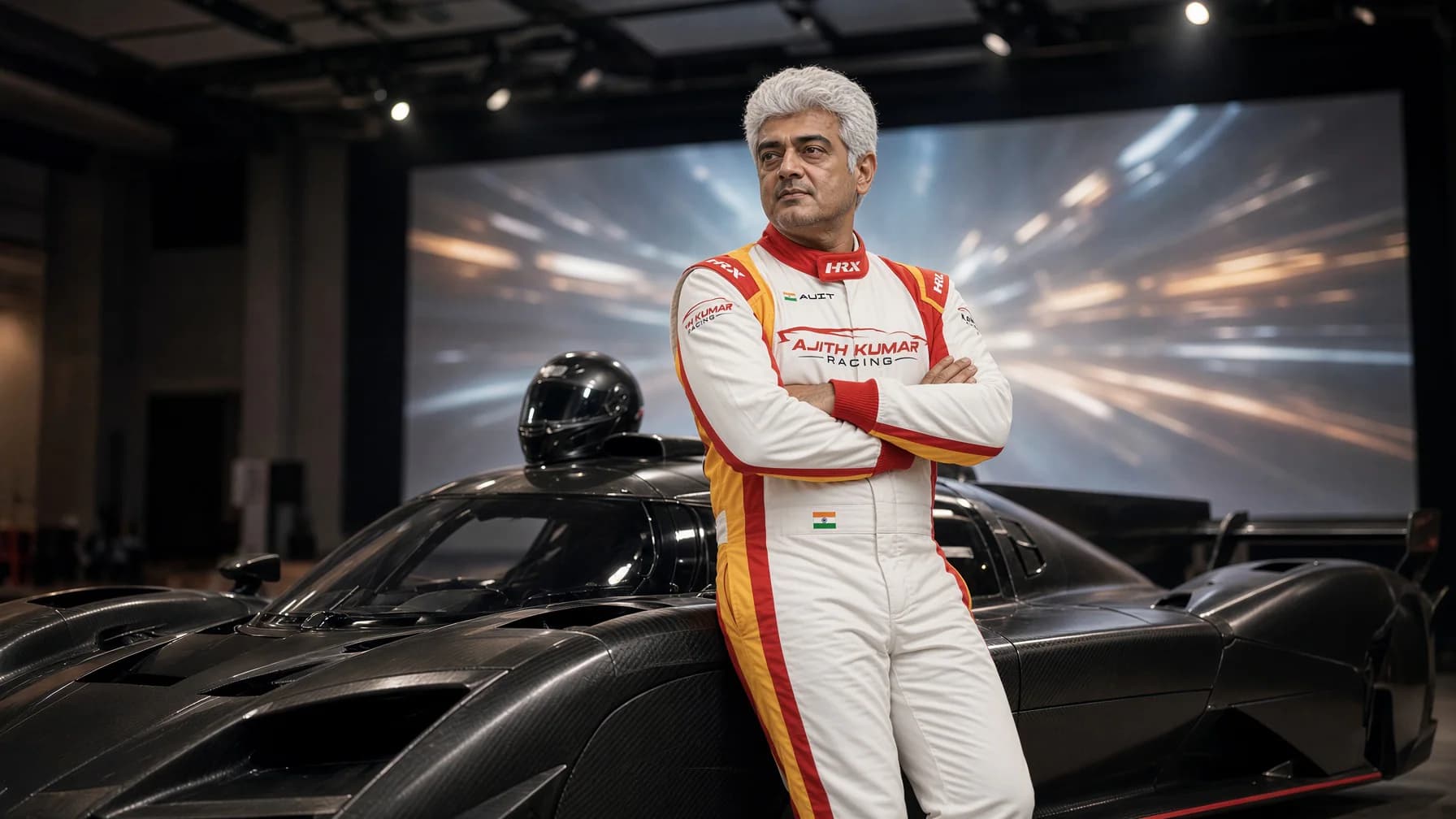 Ajith Kumar stands beside a racing car during the theatrical trailer campaign for his motorsport documentary Gladiators.