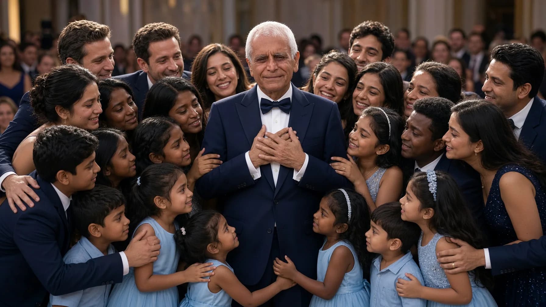 Asif Hasan stands with 19 former patients at the Pride of Britain Awards after receiving a Lifetime Achievement Award.