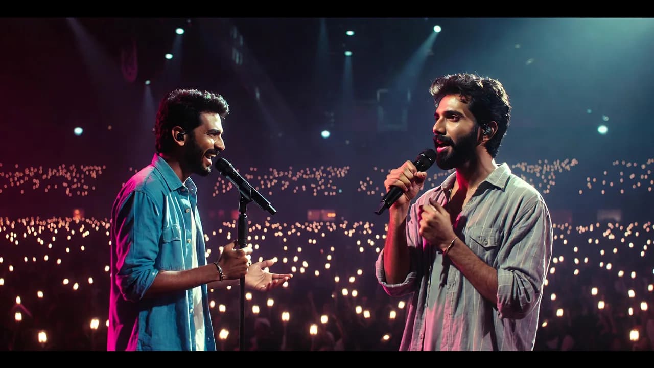 Nani and Anirudh Ravichander perform together during the Dallas launch of The Paradise song Yeshanagula.