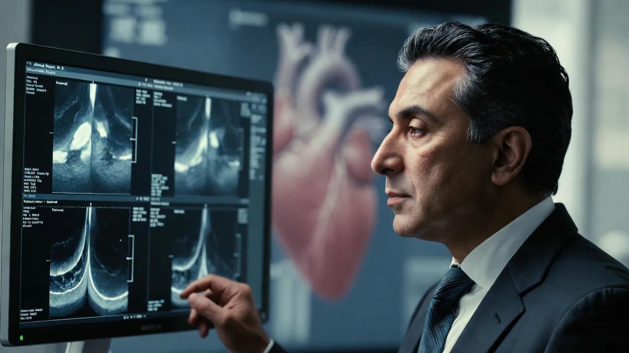 Cardiologist Ahmad Masri reviews heart imaging during research into aficamten for nonobstructive hypertrophic cardiomyopathy.