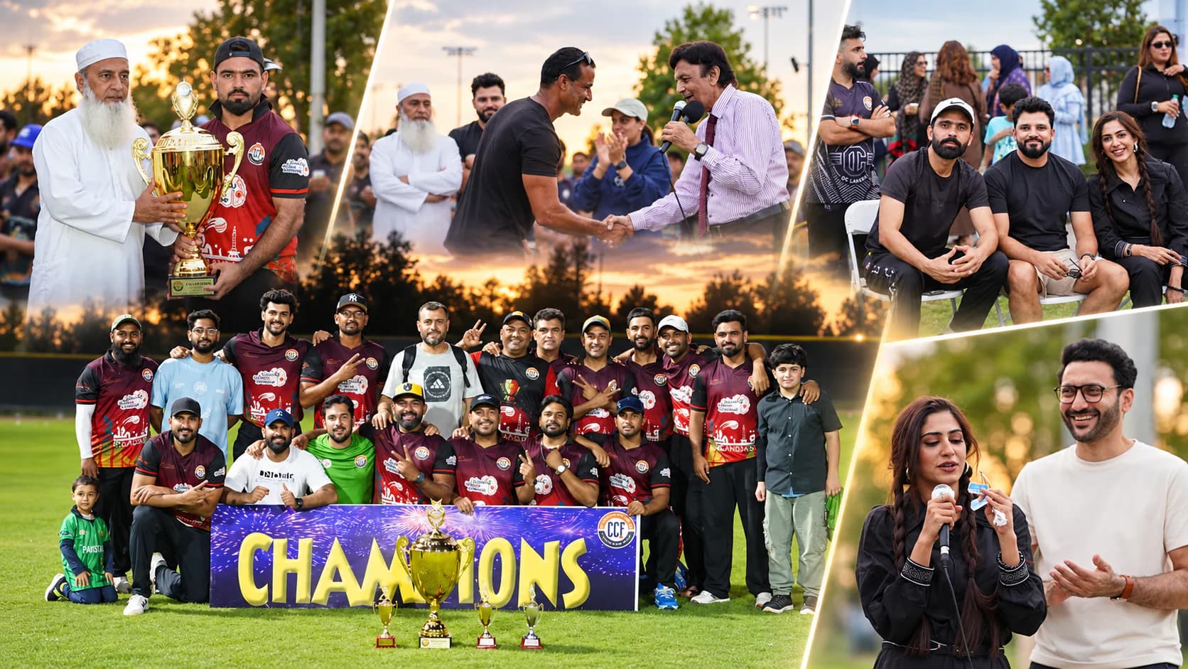 California Cricket Foundation cricket tournament with South Asian teams, spectators and guests including Saeed Anwar and Nain Abidi in California.