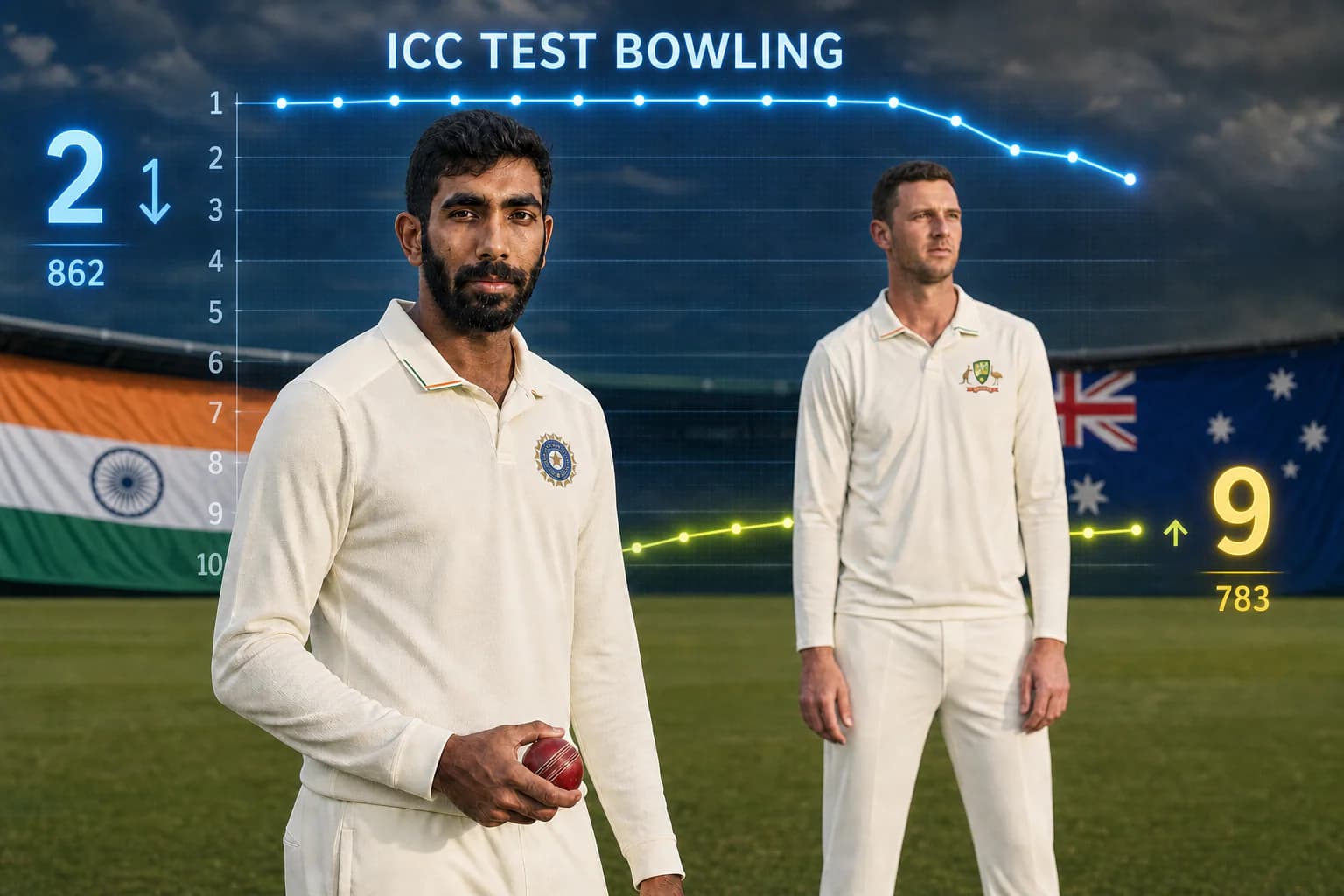 Jasprit Bumrah and Josh Hazlewood are shown in an editorial comparison after the latest ICC Test bowling rankings update.