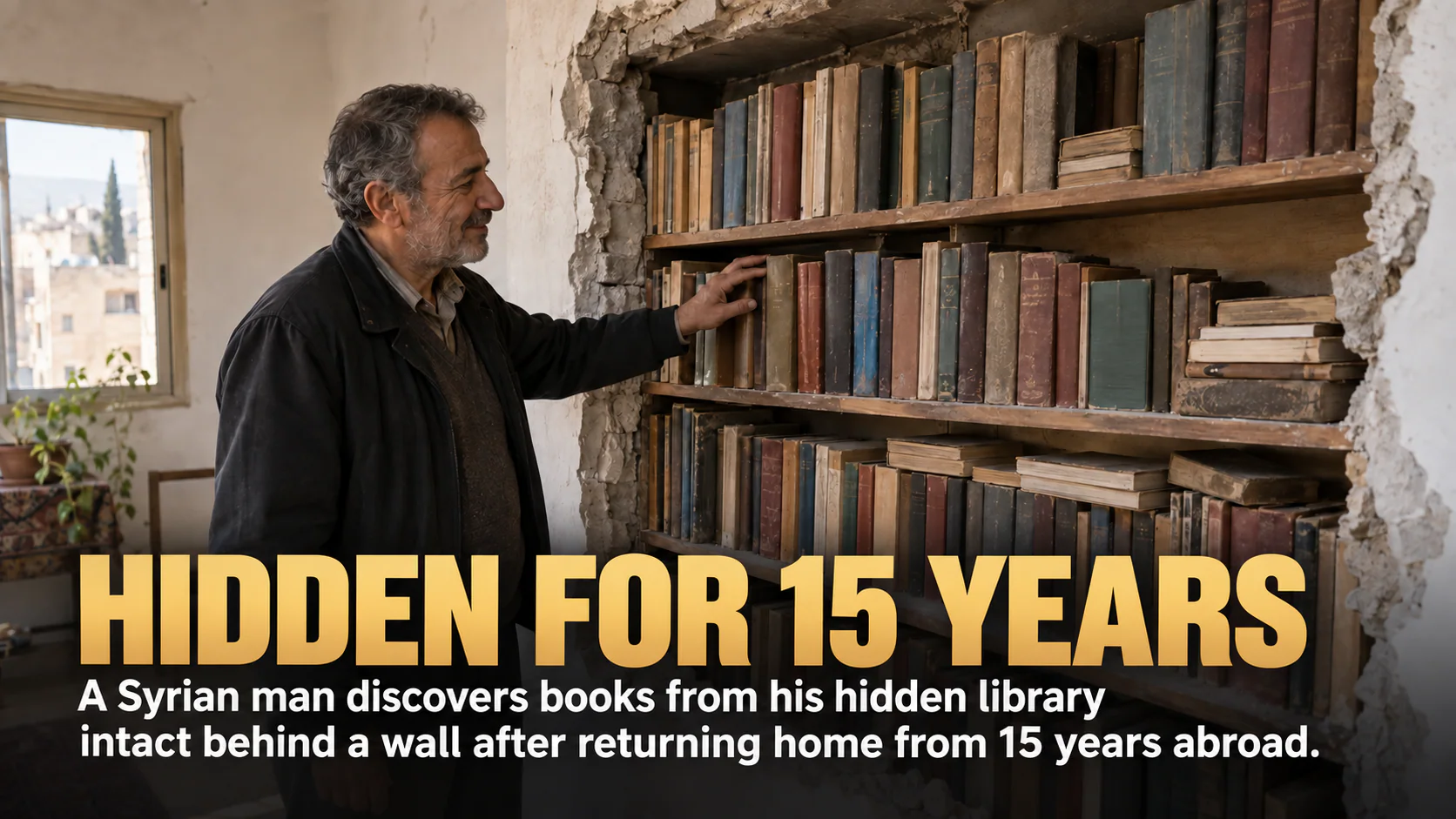 A Syrian man opens a wall compartment in Damascus and finds the private library he hid there 15 years earlier still intact.
