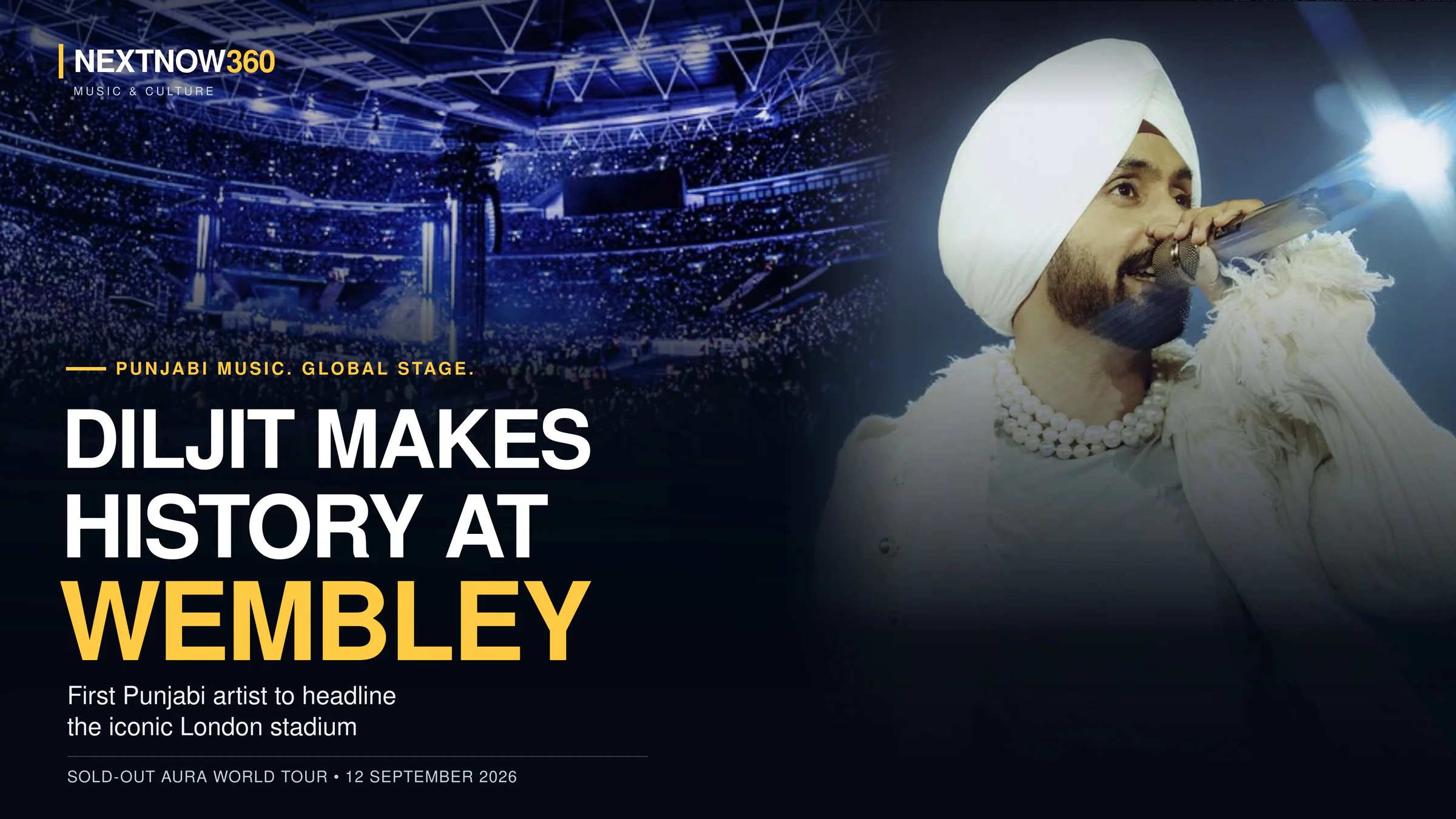 Diljit Dosanjh performs to a packed Wembley Stadium during his sold-out 2026 Aura World Tour concert in London.