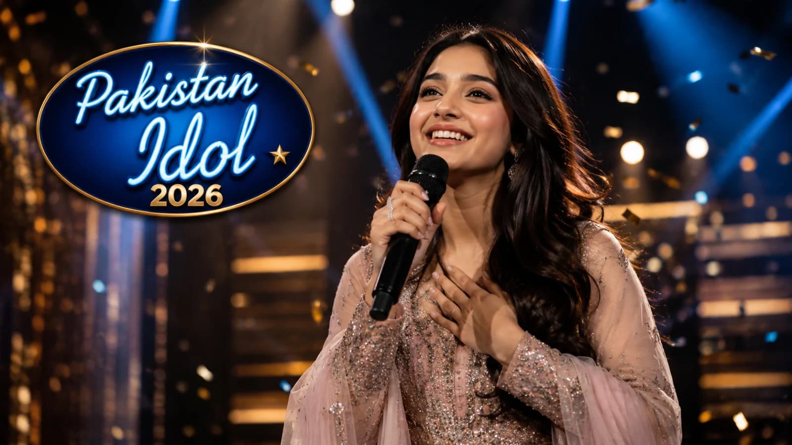 Hira Qaiser celebrates her Pakistan Idol 2026 victory on a brightly lit television stage.