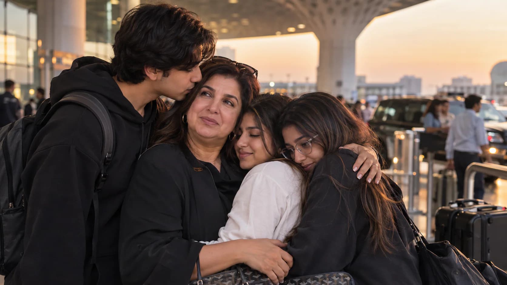 Farah Khan shares an emotional farewell with triplets Czar, Diva and Anya before their US college departures.