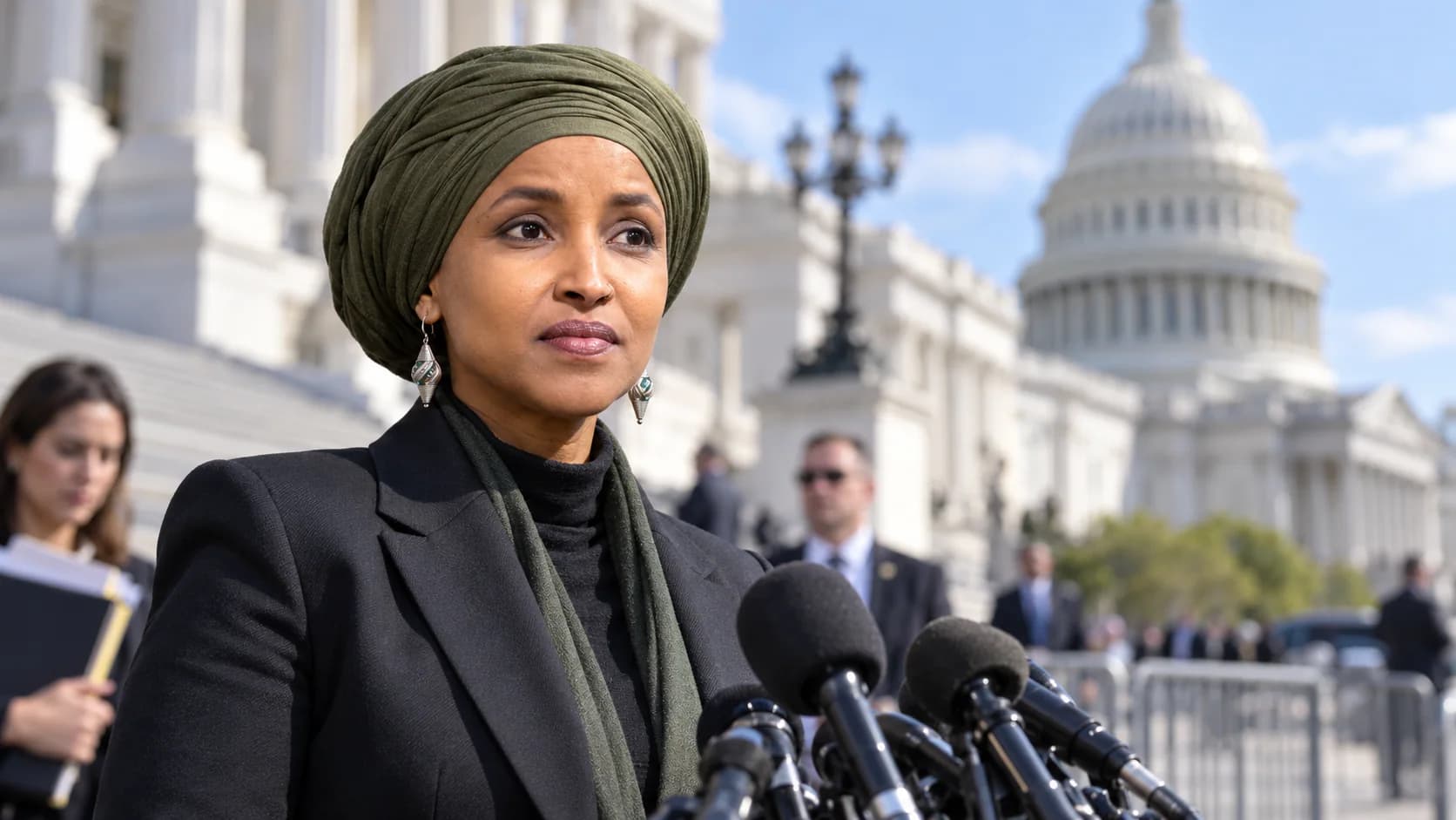 Ilhan Omar stands outside the U.S. Capitol as federal scrutiny and a legal fight over seized property intensify.