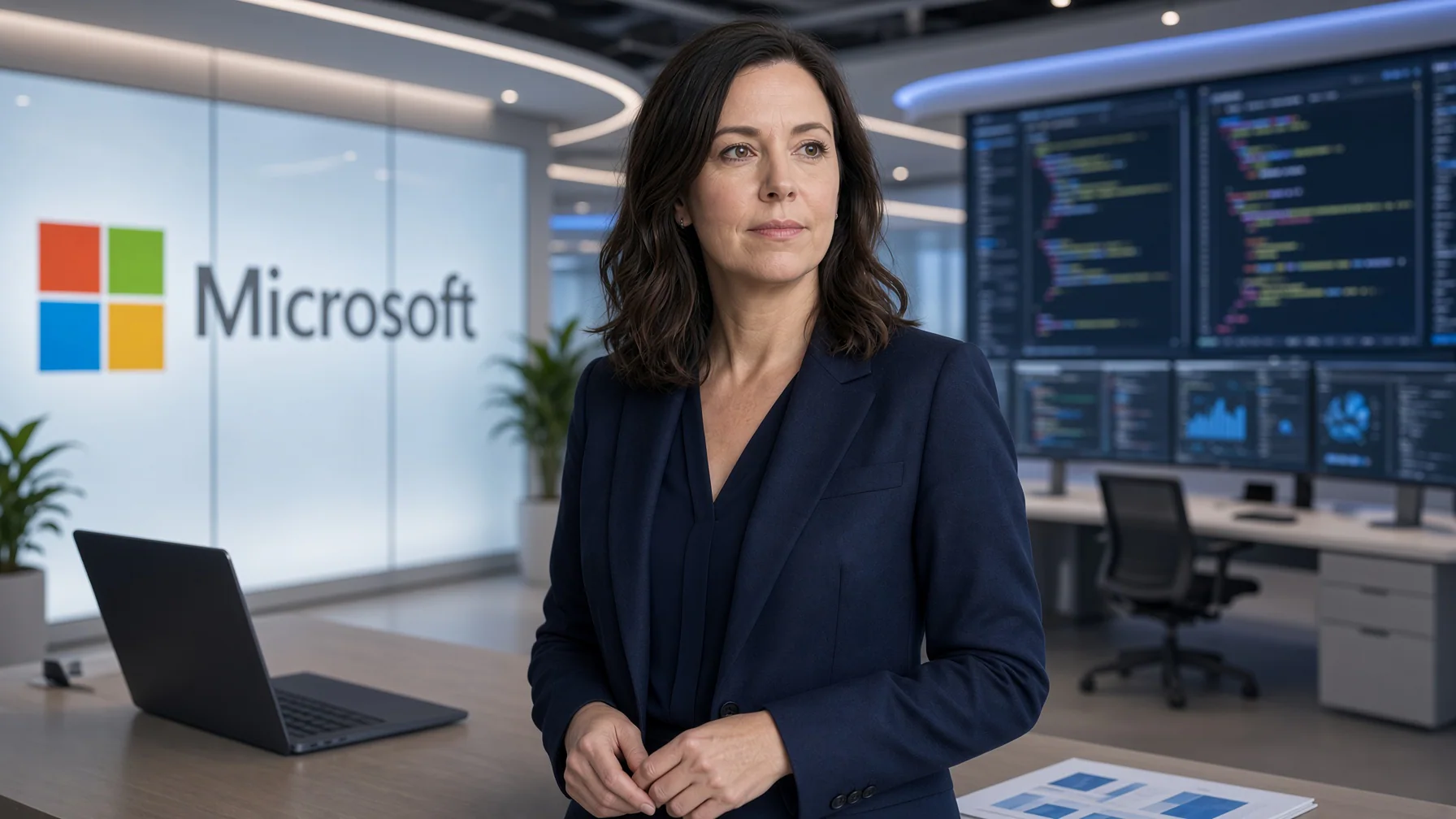 Microsoft CFO Amy Hood in a Redmond office as the company expects 3,000 or fewer workers to accept its voluntary exit offer.