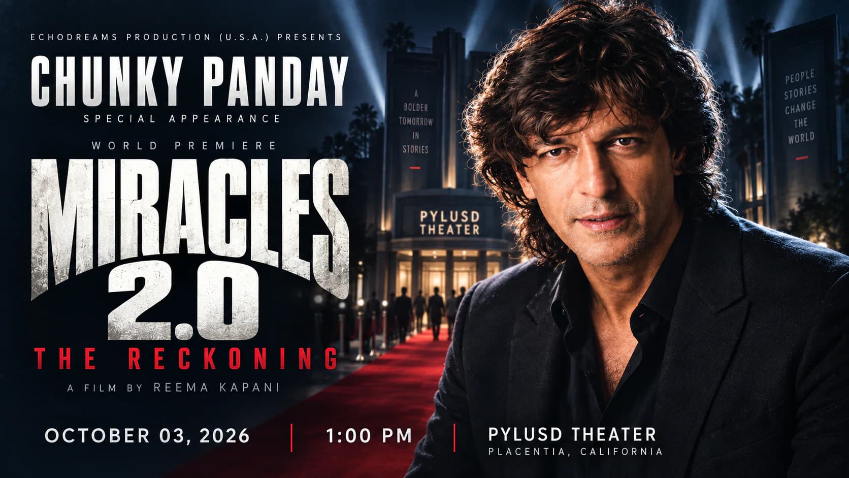 Reema Kapani leads the EchoDreams Production red-carpet premiere of “Miracles 2.0: The Reckoning” in Placentia, California.