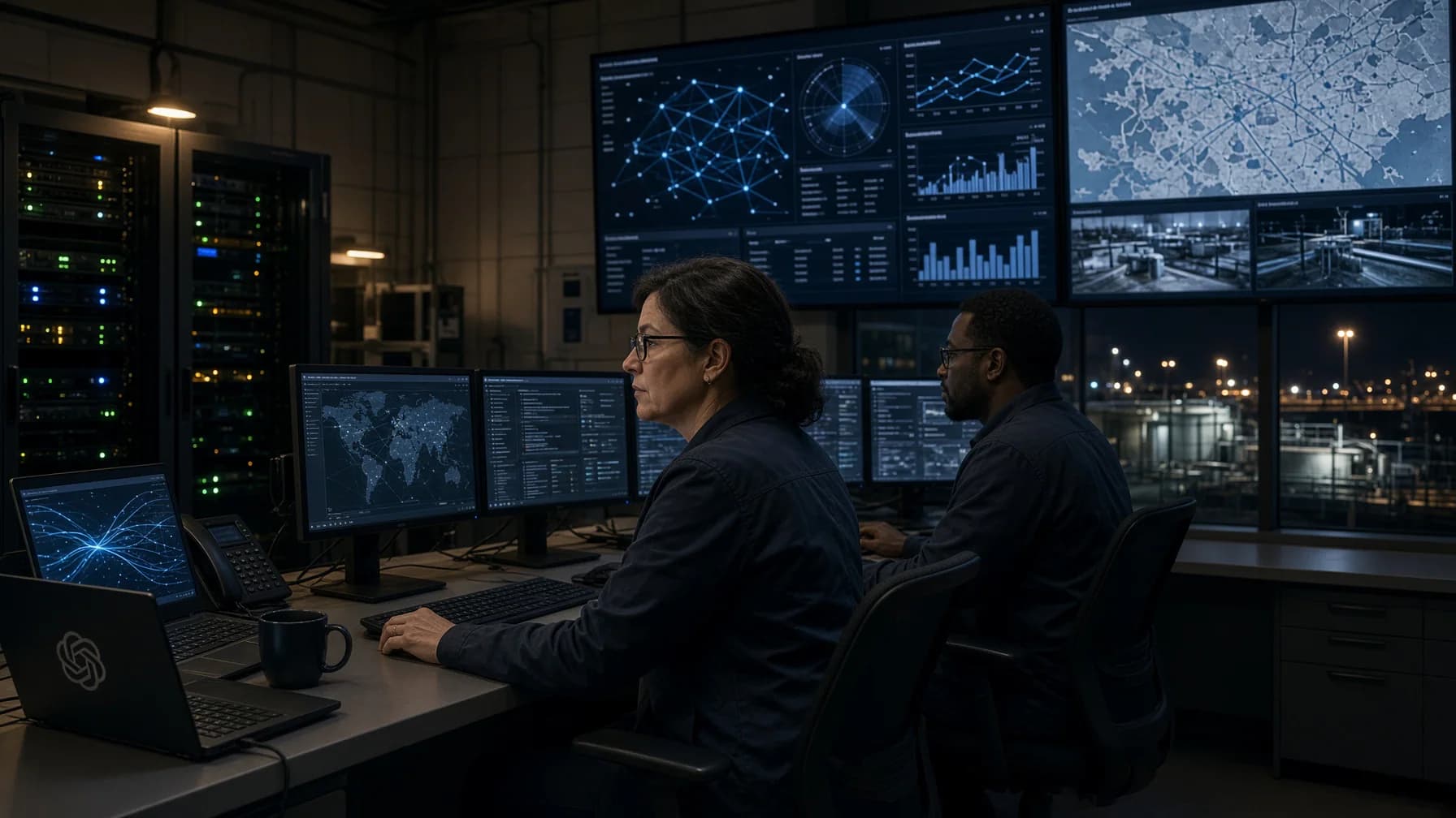 Cybersecurity operators monitor a U.S. water utility control room as OpenAI expands AI defense support for critical infrastructure.