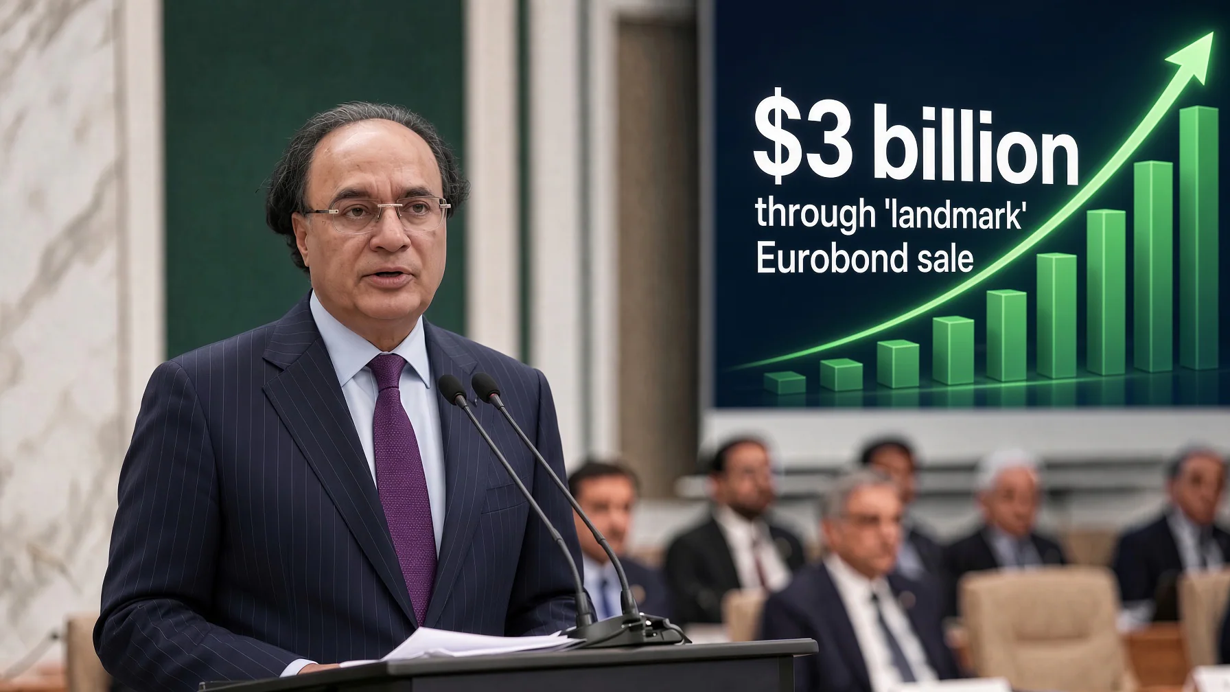 Pakistan Finance Minister Muhammad Aurangzeb speaks at an Islamabad policy event following the country’s record Eurobond sale.