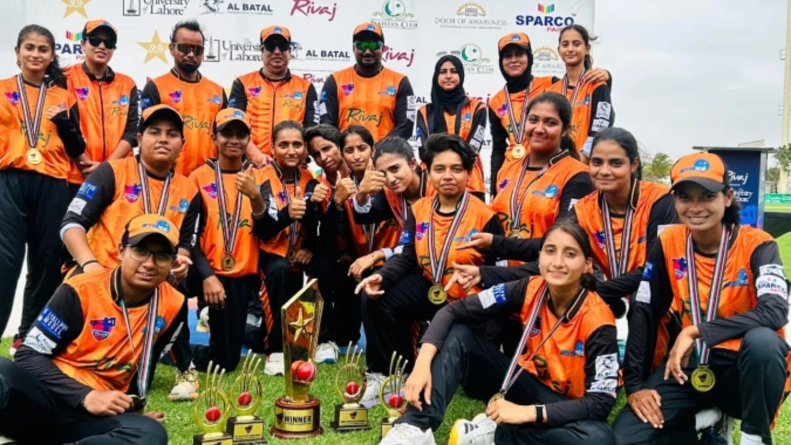 Komal Khan’s Stars celebrate their four-run win over Challengers in the National Women’s U19 final in Karachi.