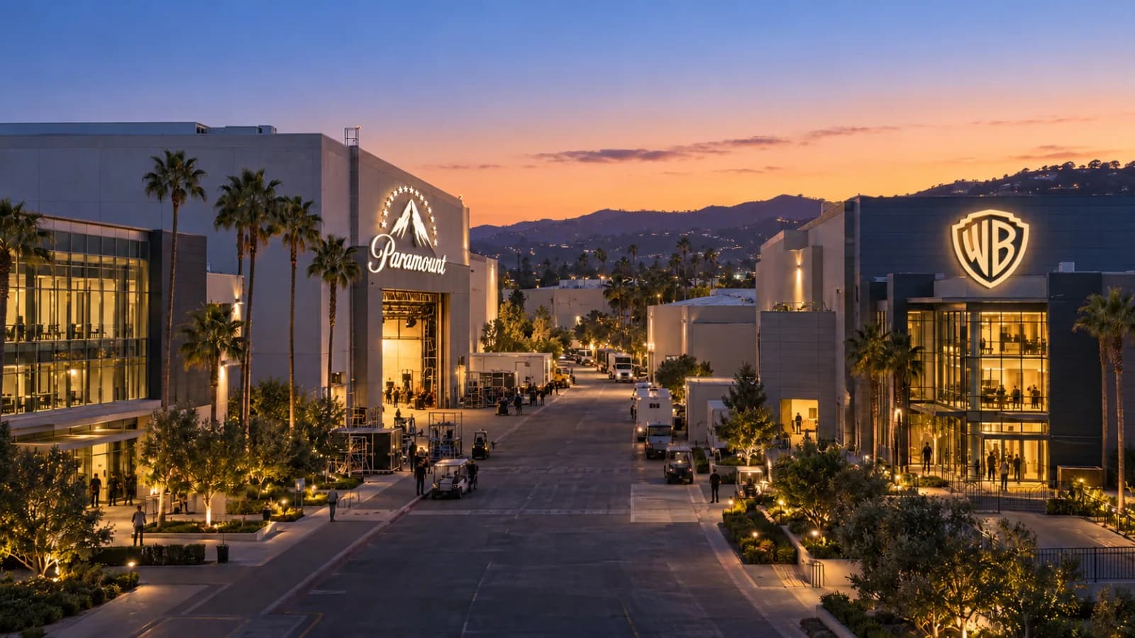 Hollywood studio buildings represent the legal clearance of the proposed Paramount-Warner merger.
