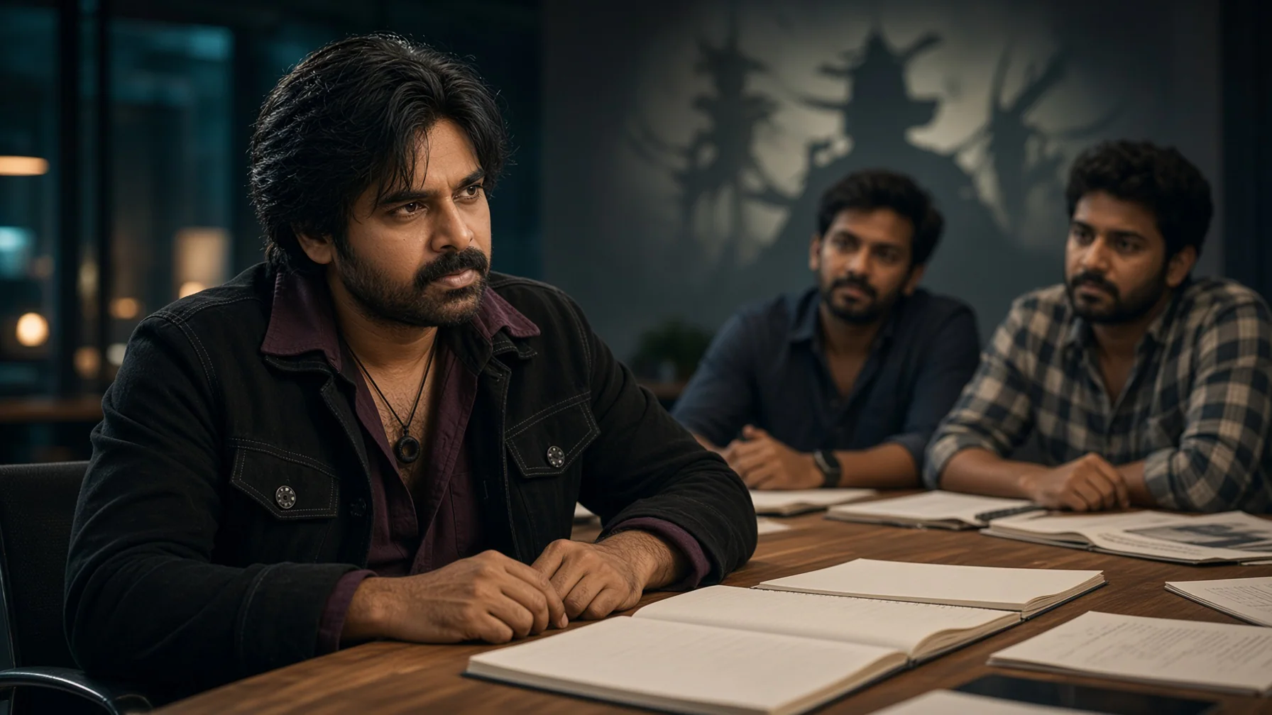 Pawan Kalyan in a film-development discussion visual inspired by Sujeeth’s new OG Universe teaser with samurai-themed imagery.