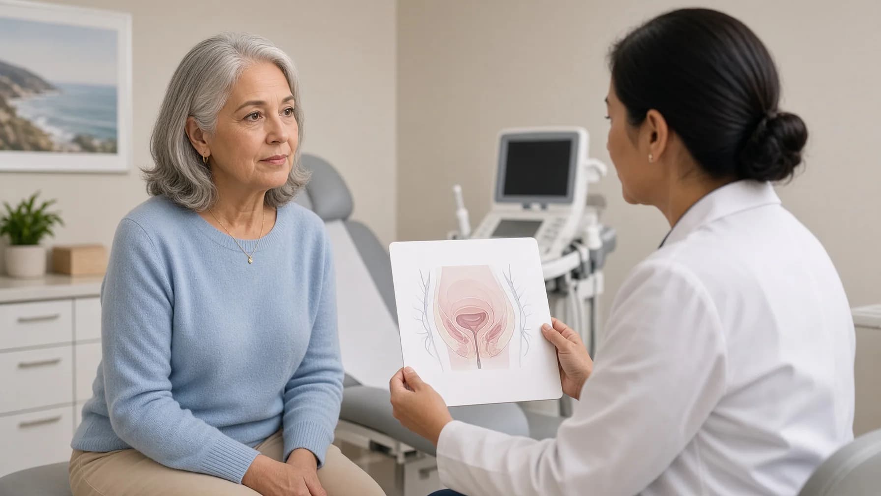 Postmenopausal woman discusses radiofrequency treatment research with a clinician in a modern gynecology consultation room.