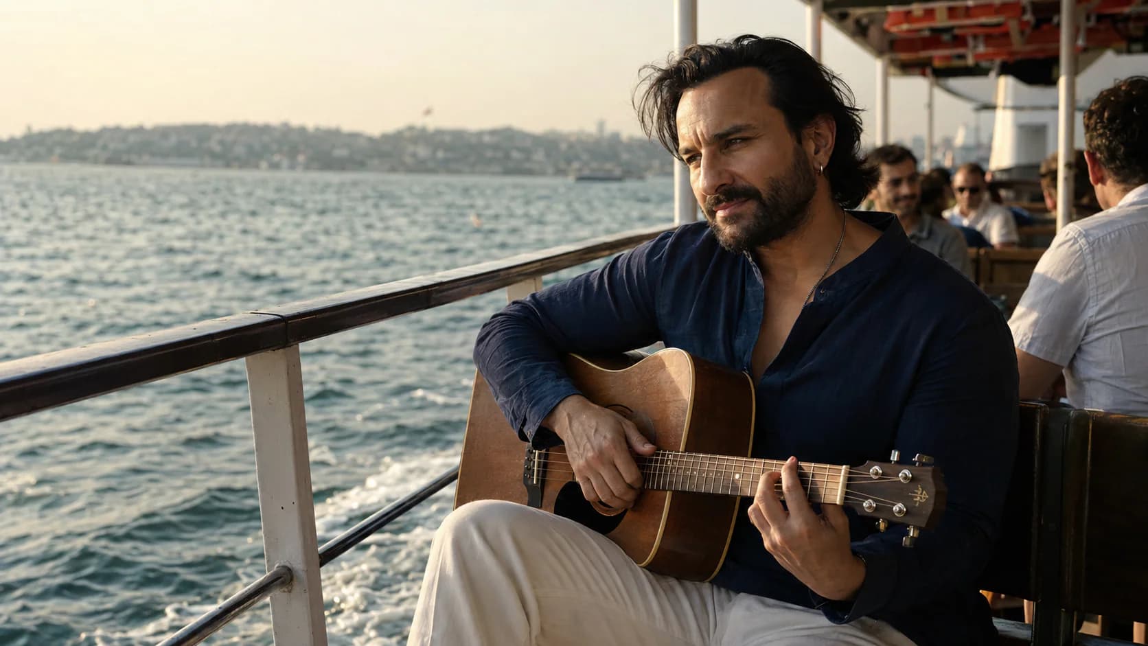 Saif Ali Khan plays guitar aboard a passenger ferry in a proposed editorial visual inspired by Haiwaan’s new Rangiyara song.