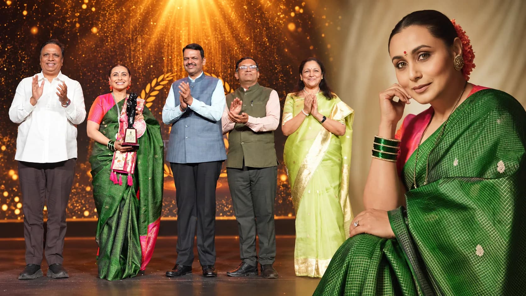 Rani Mukerji holds her award onstage after receiving a Maharashtra State Film honour.