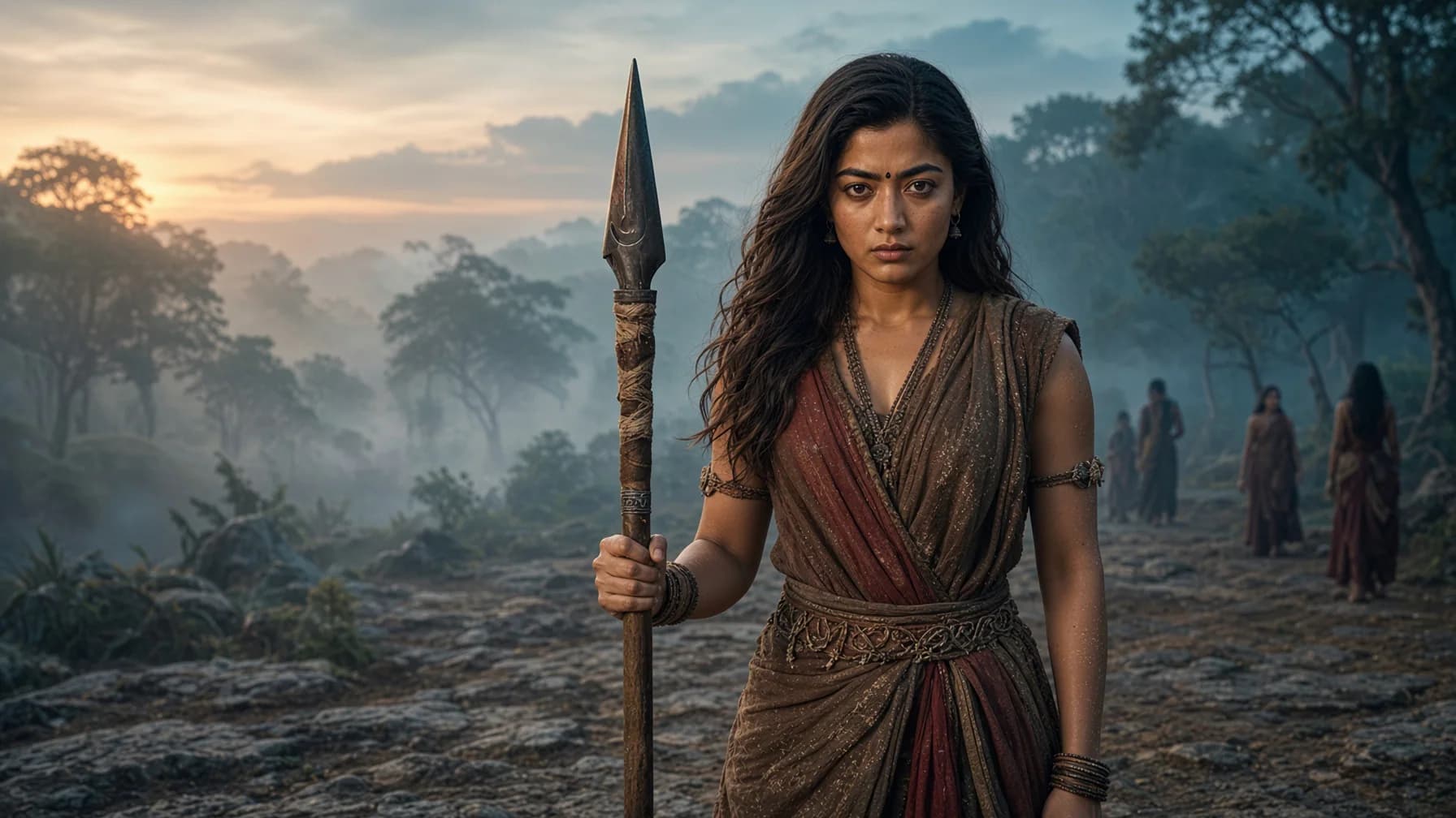 Rashmika Mandanna in a rugged warrior-inspired look representing her action-drama Mysaa, which has set a November 27 release.