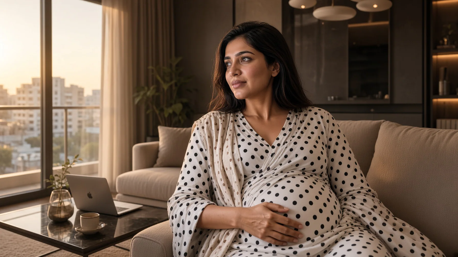 Samantha Ruth Prabhu seated by an aircraft window in a warm-toned maternity travel portrait inspired by her new Instagram photos.