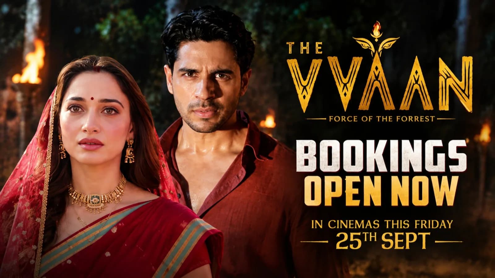 Sidharth Malhotra and Tamannaah Bhatia stand on a forest path in a cinematic still inspired by The Vvaan.
