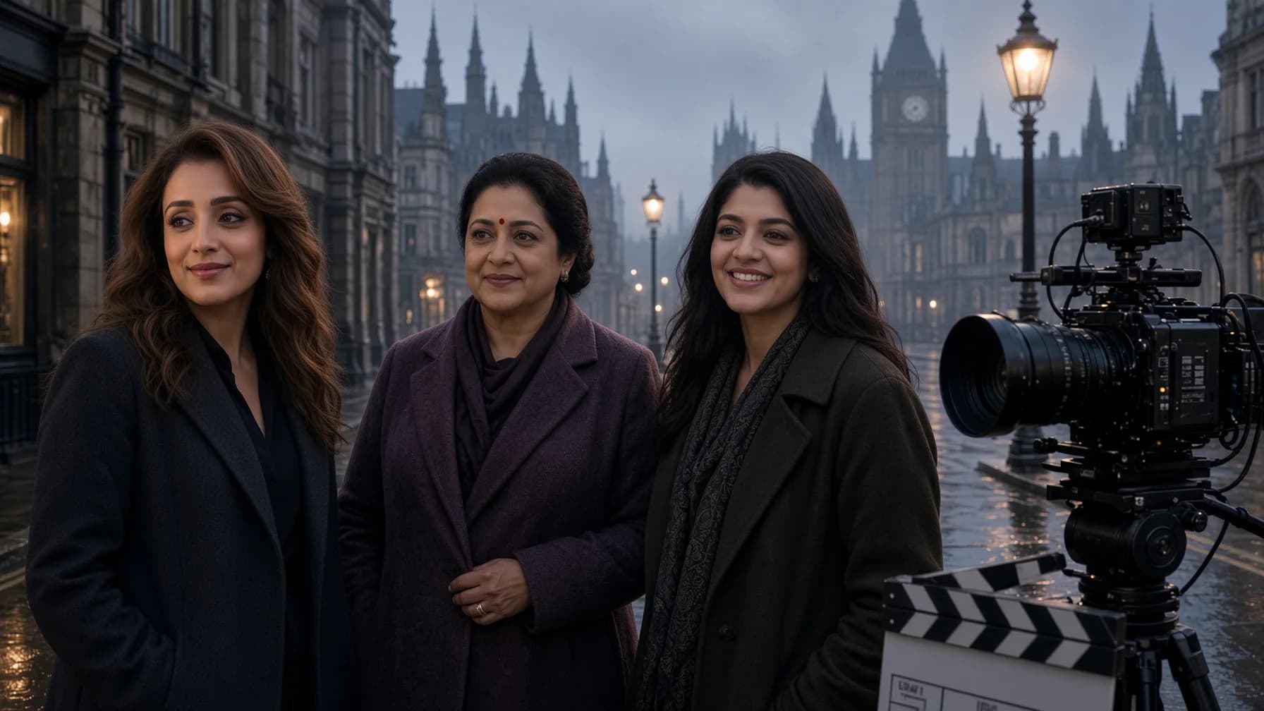 Trisha Krishnan, Radhika Sarathkumar and Aparna Balamurali on a London film set for their newly announced Tamil psychological horror project.