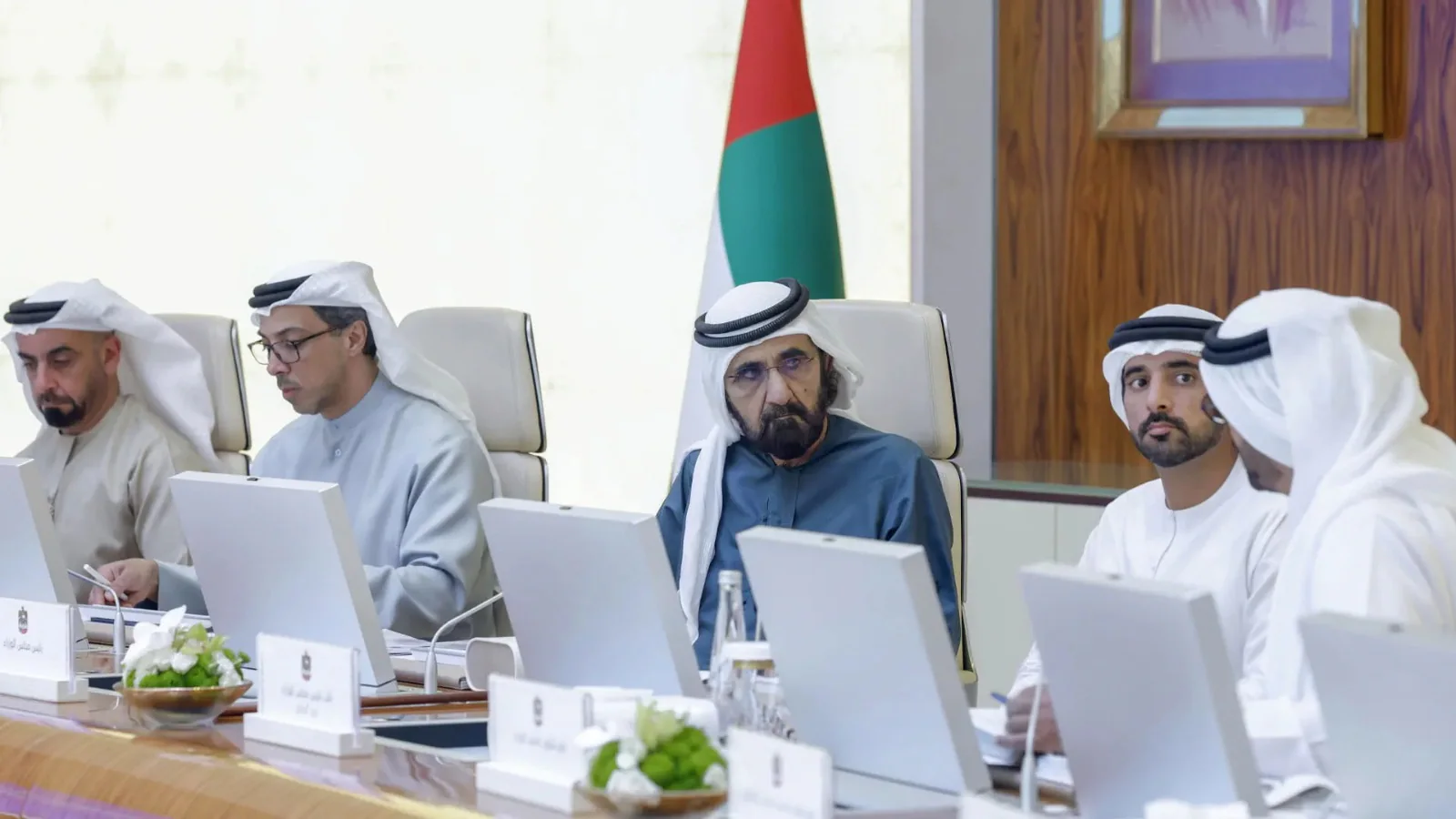 Sheikh Mohammed bin Rashid Al Maktoum at a formal UAE Cabinet setting for the launch of the Cabinet AI Advisor system.