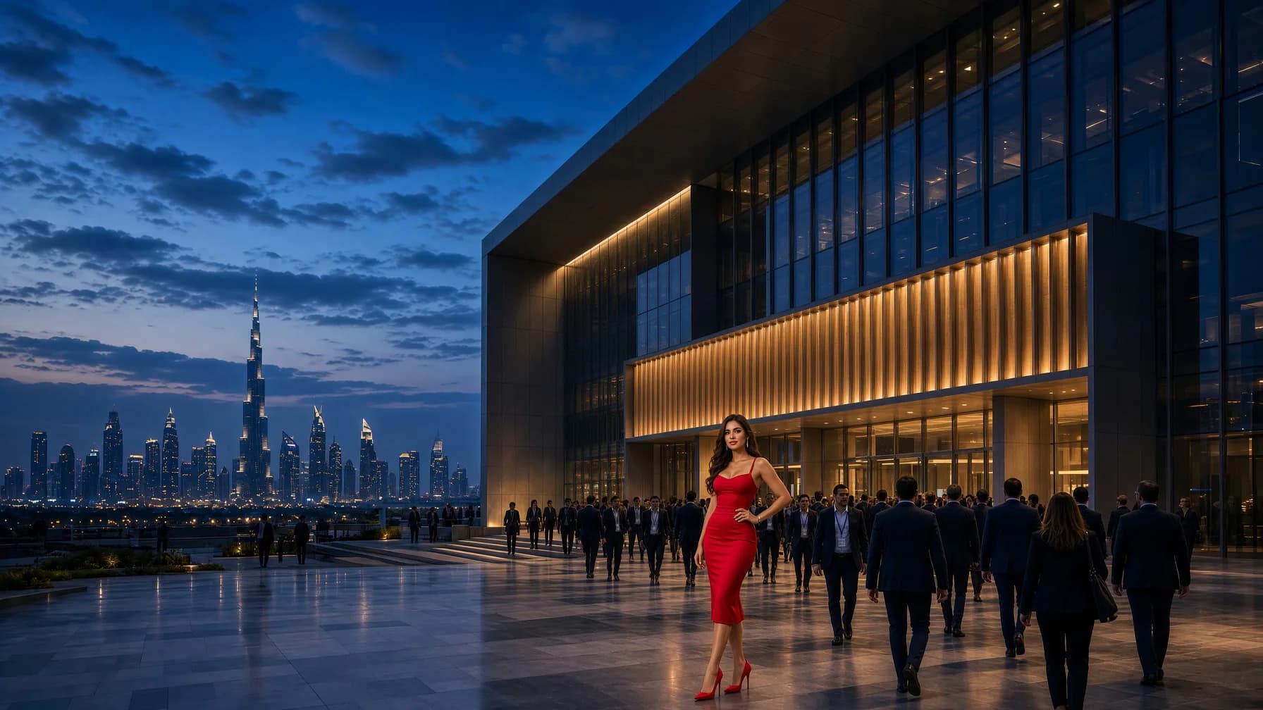 Dubai World Trade Centre at dusk as the UAE prepares to host major international business, technology and energy events in September 2026.