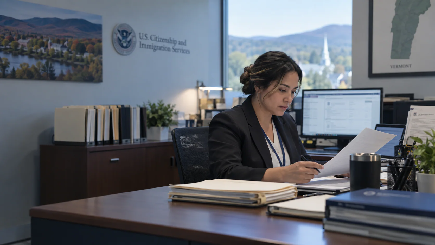 A USCIS compliance officer reviews blurred H-1B petition files at a Vermont office after wage-level violations were found.
