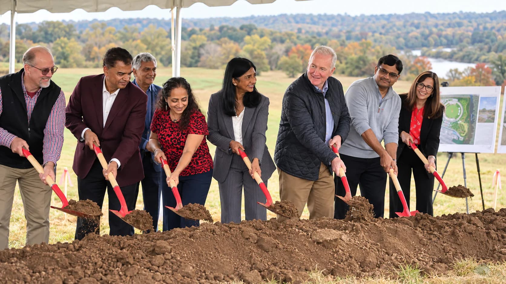 Sanjay Govil and Washington Freedom representatives break ground at the proposed Frederick Cricket Park in Maryland.
