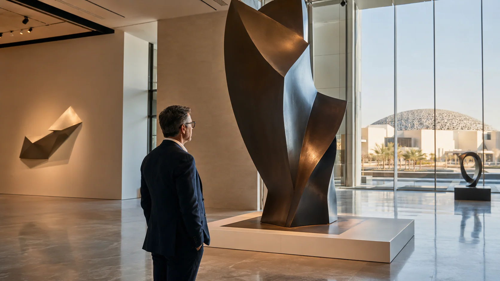 An art collector studies a contemporary sculpture outside Manarat Al Saadiyat ahead of Frieze Abu Dhabi’s 2026 debut.
