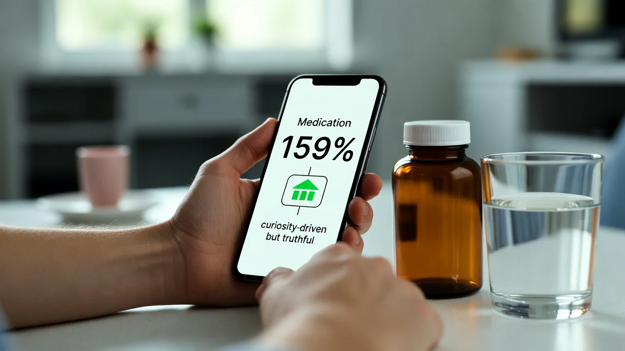 A patient checks a smartphone medication reminder beside a statin prescription bottle and glass of water at home.