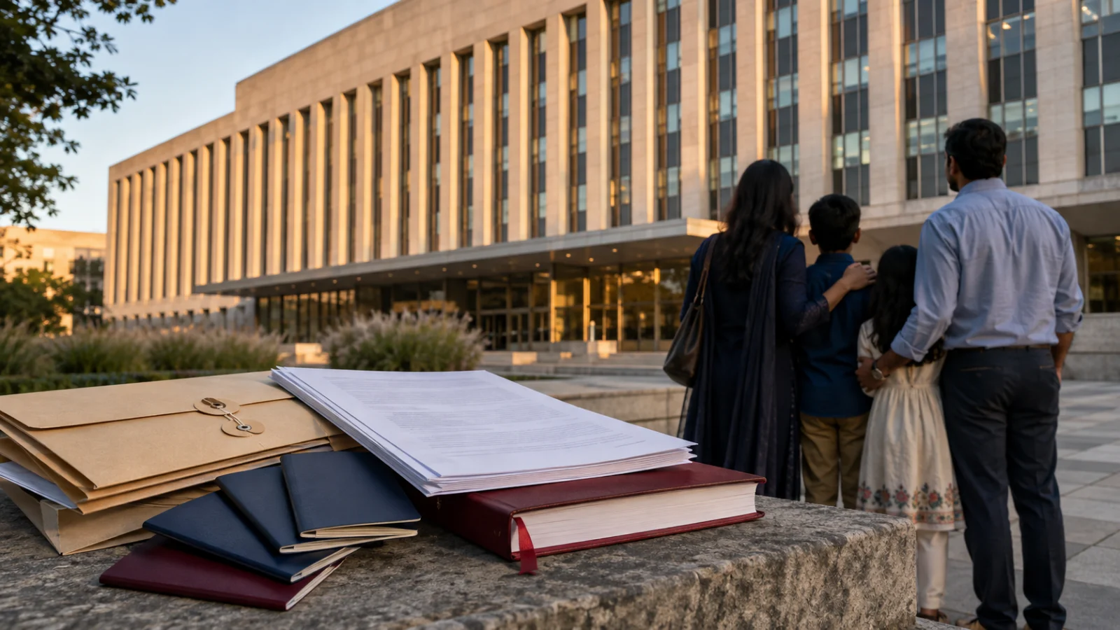 The US State Department building and immigration documents representing the court ruling on the 75-country immigrant visa pause.