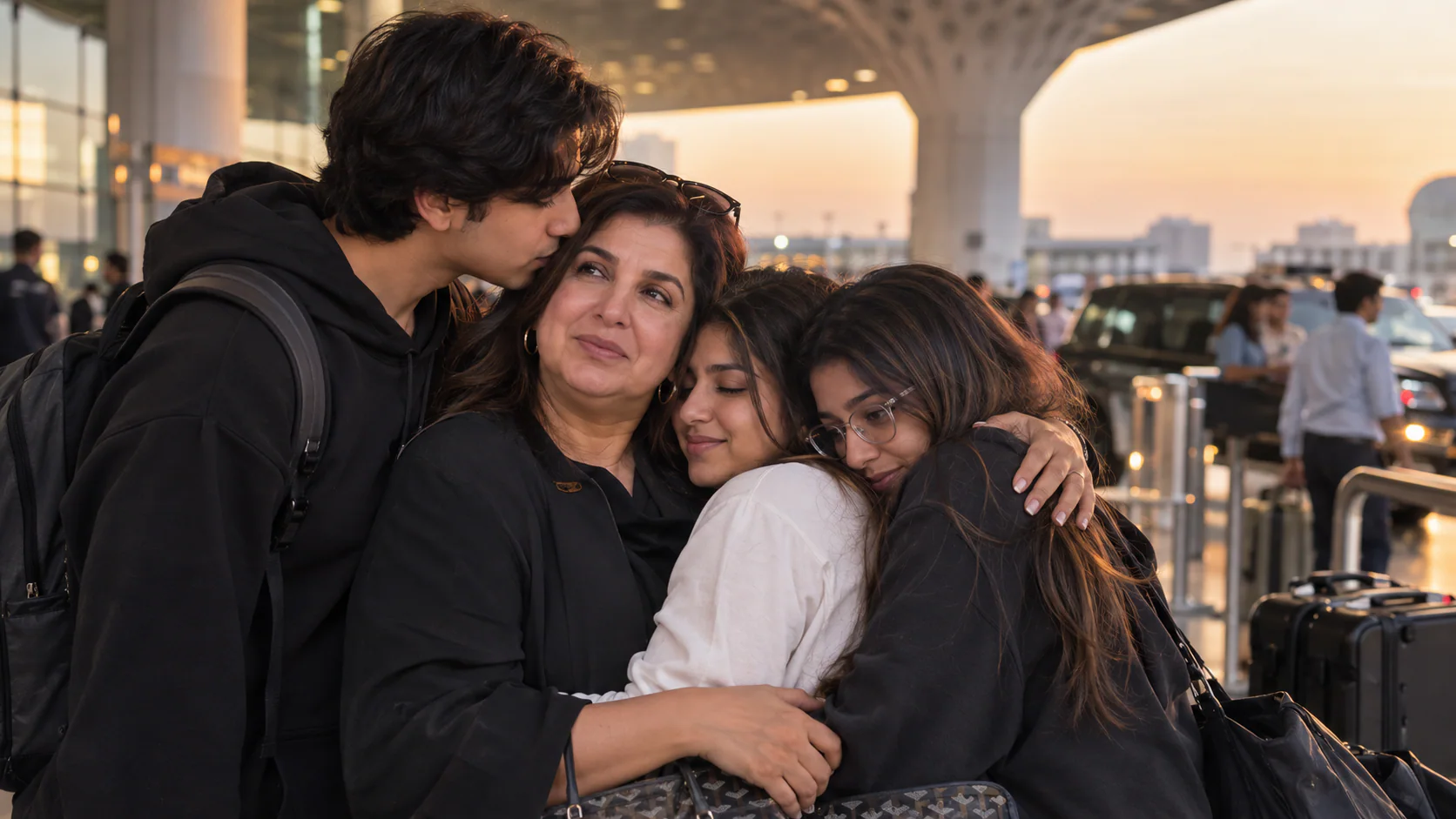 Farah Khan shares an emotional farewell with triplets Czar, Diva and Anya before their US college departures.