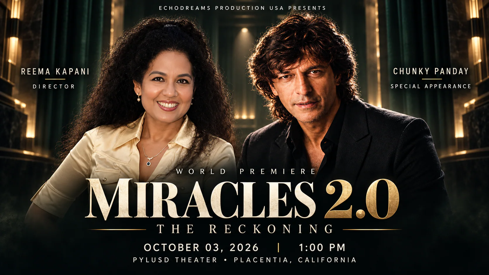 Reema Kapani’s ‘Miracles 2.0’ Sets October 3 World Premiere in California. Reema Kapani’s EchoDreams Production will present the world premiere of “Miracles 2.0: The Reckoning” on.