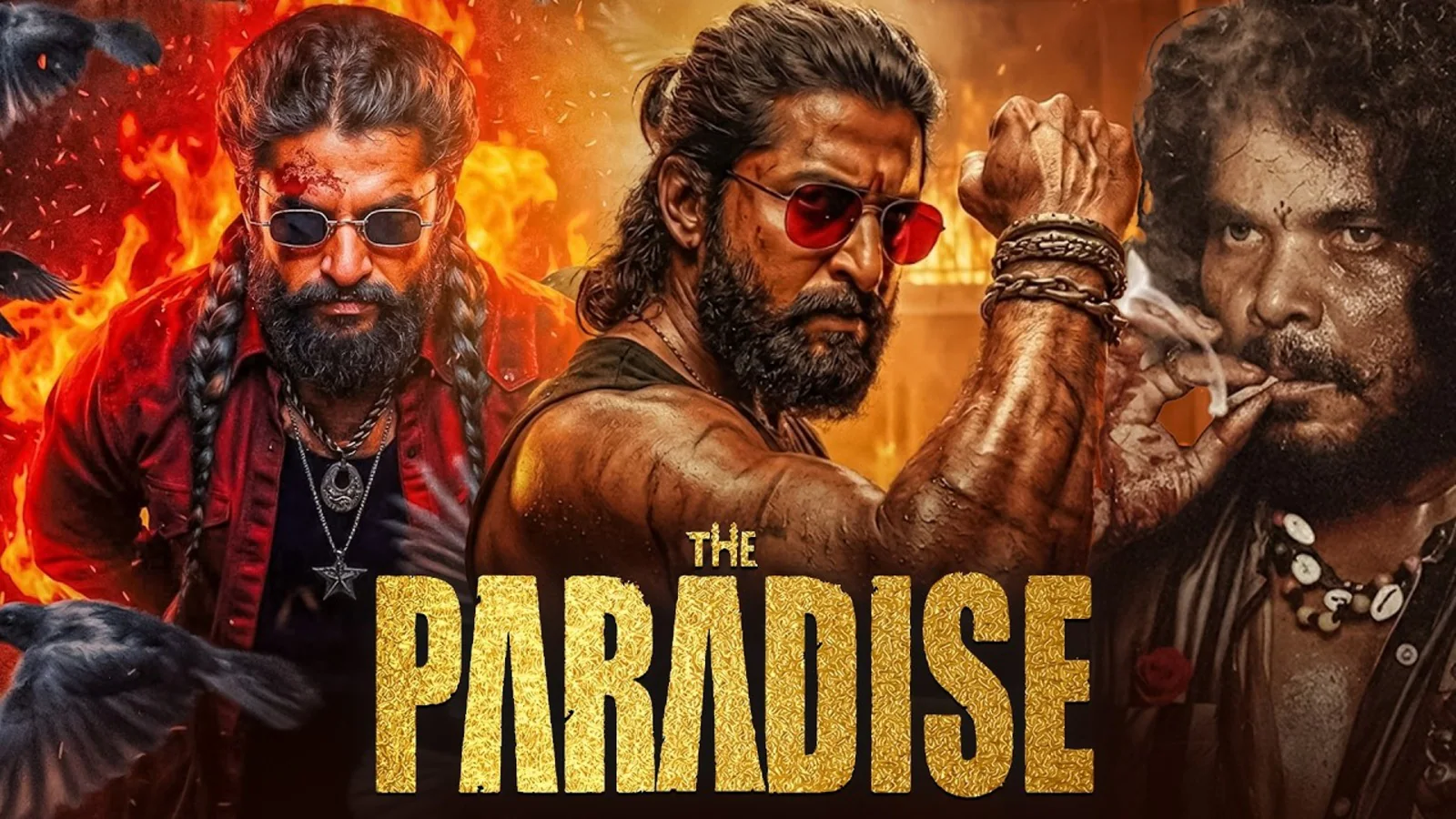 Nani stands in a dramatic urban setting for the theatrical release of the Telugu film The Paradise.