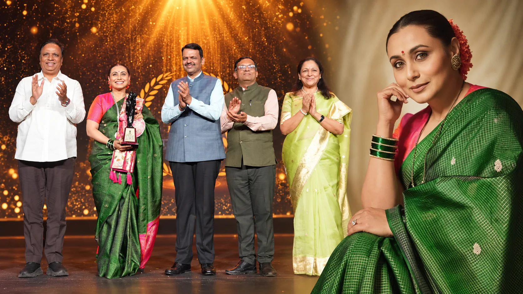 Rani Mukerji holds her award onstage after receiving a Maharashtra State Film honour.